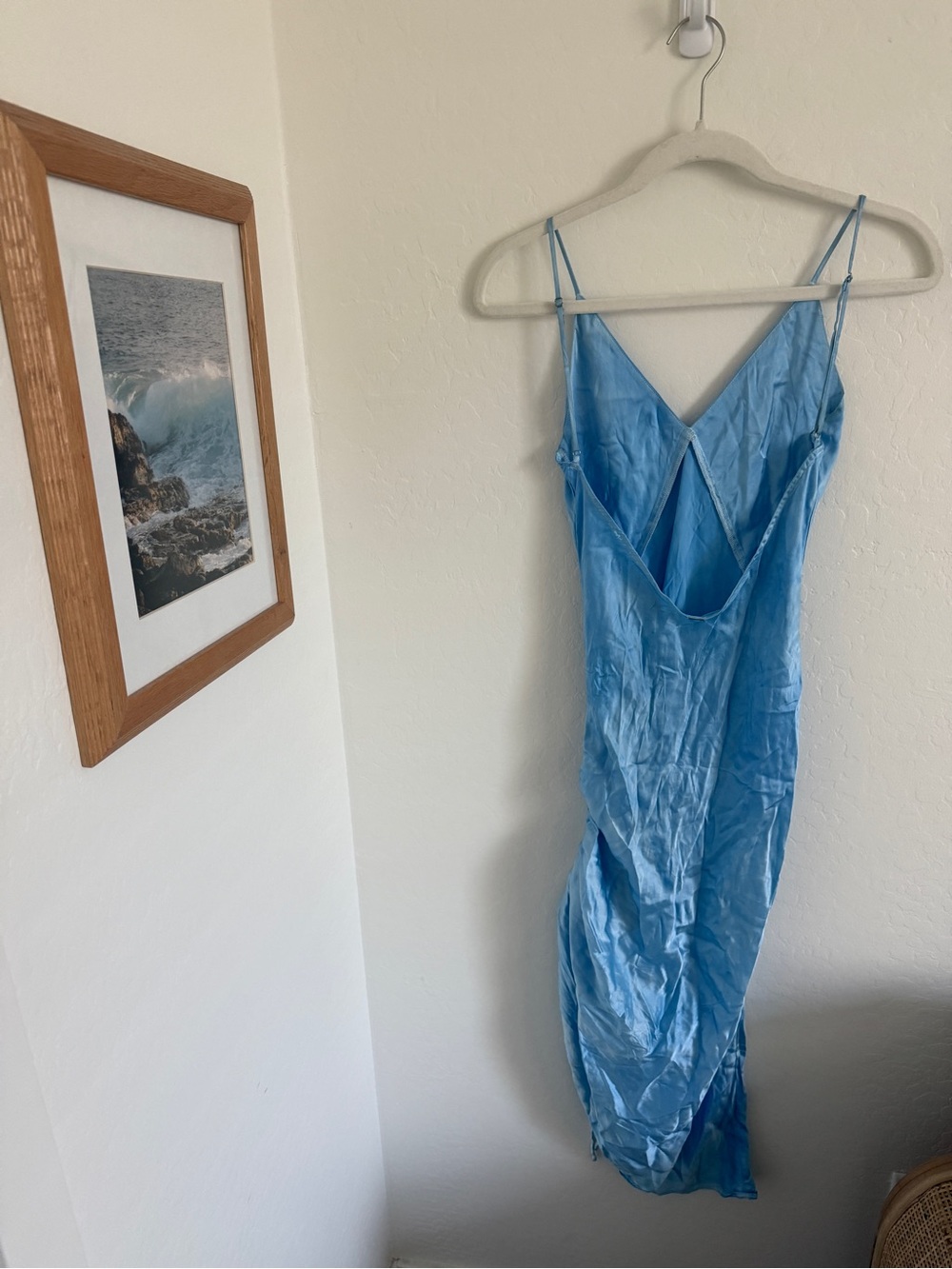 SVNR Vee Maxi Slip Dress Sky Blue 100% Silk Ruched - Picture 4 of 6